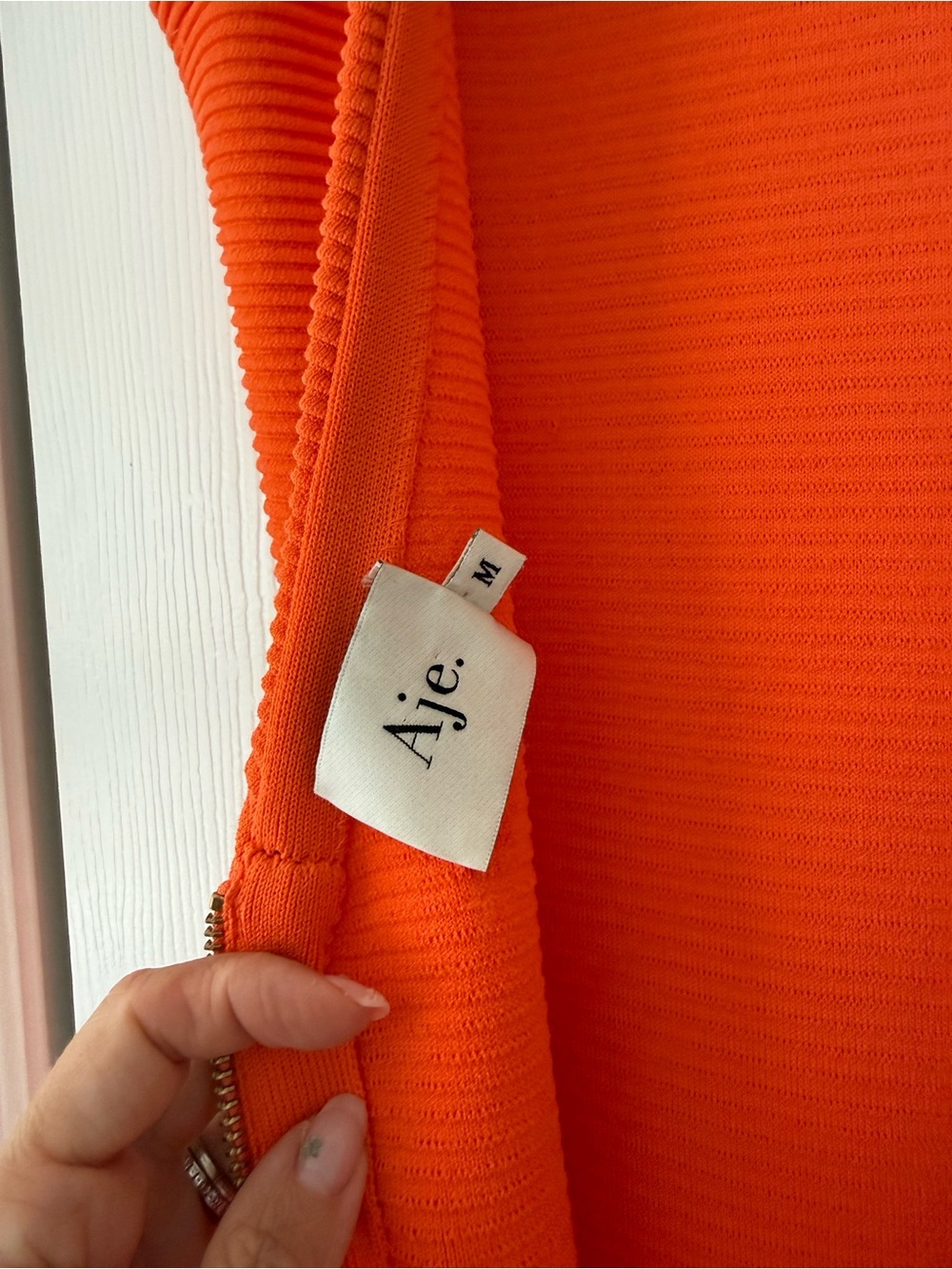 Aje Rushes Raffia Trimmed Ribbed Stretch Knit Dress Orange - Picture 10 of 16